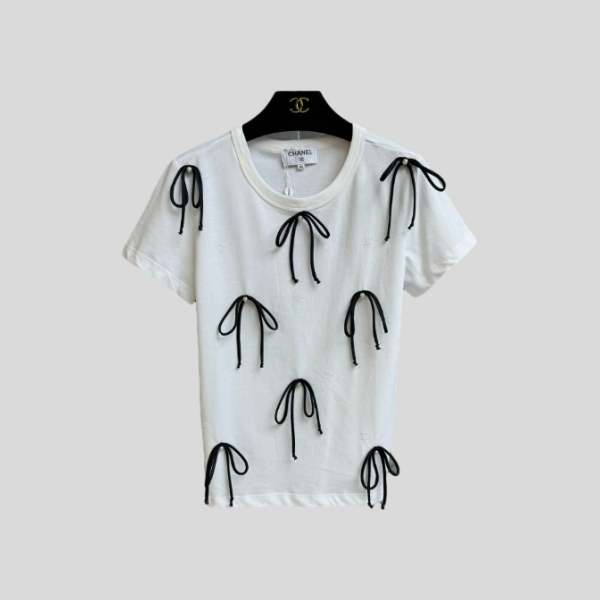 샤넬 진주 리본 반팔 티셔츠