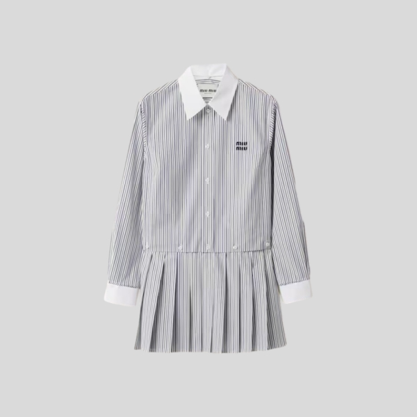미우미우 플리츠 스트라이프 포플린 미니드레스