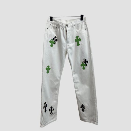 크롬하츠 퍼티그 스타일 가죽 십자 크로스 워싱 팬츠