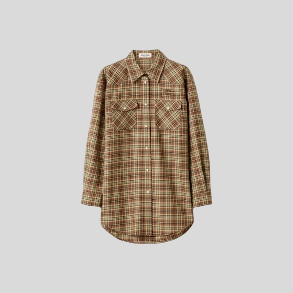 미우미우 플레이드 셔츠 카멜 토바코
