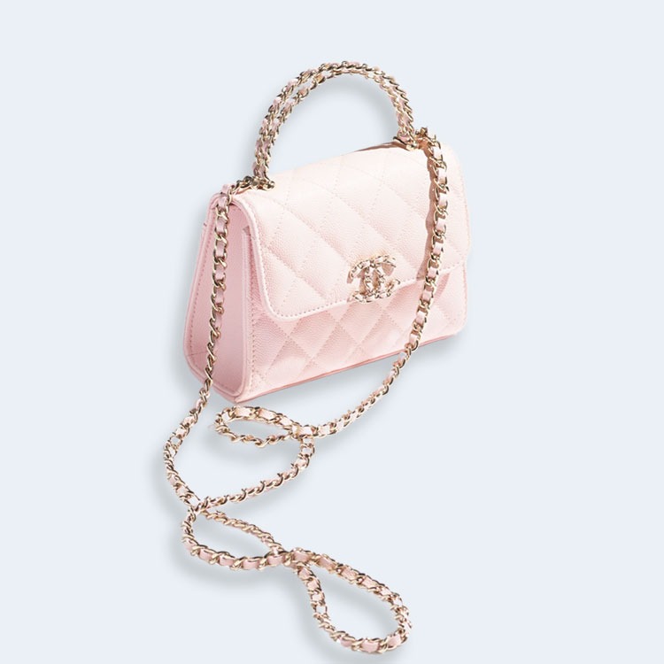 샤넬 유광 그레인드 카프스킨 골드 메탈 라이트 핑크 체인 미니백