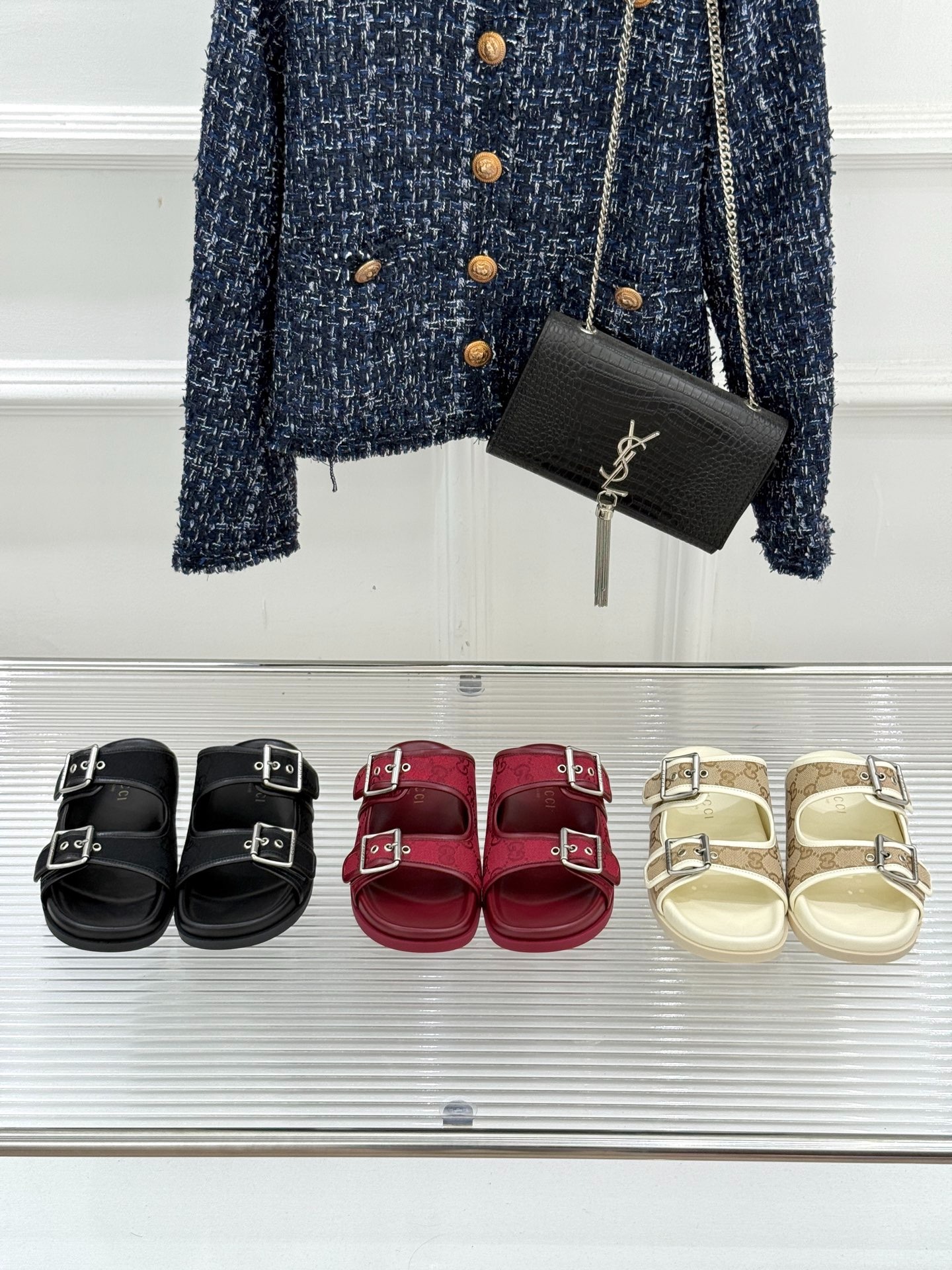 구찌 25 신상 더블 G버튼 비치 벨크로 슬리퍼