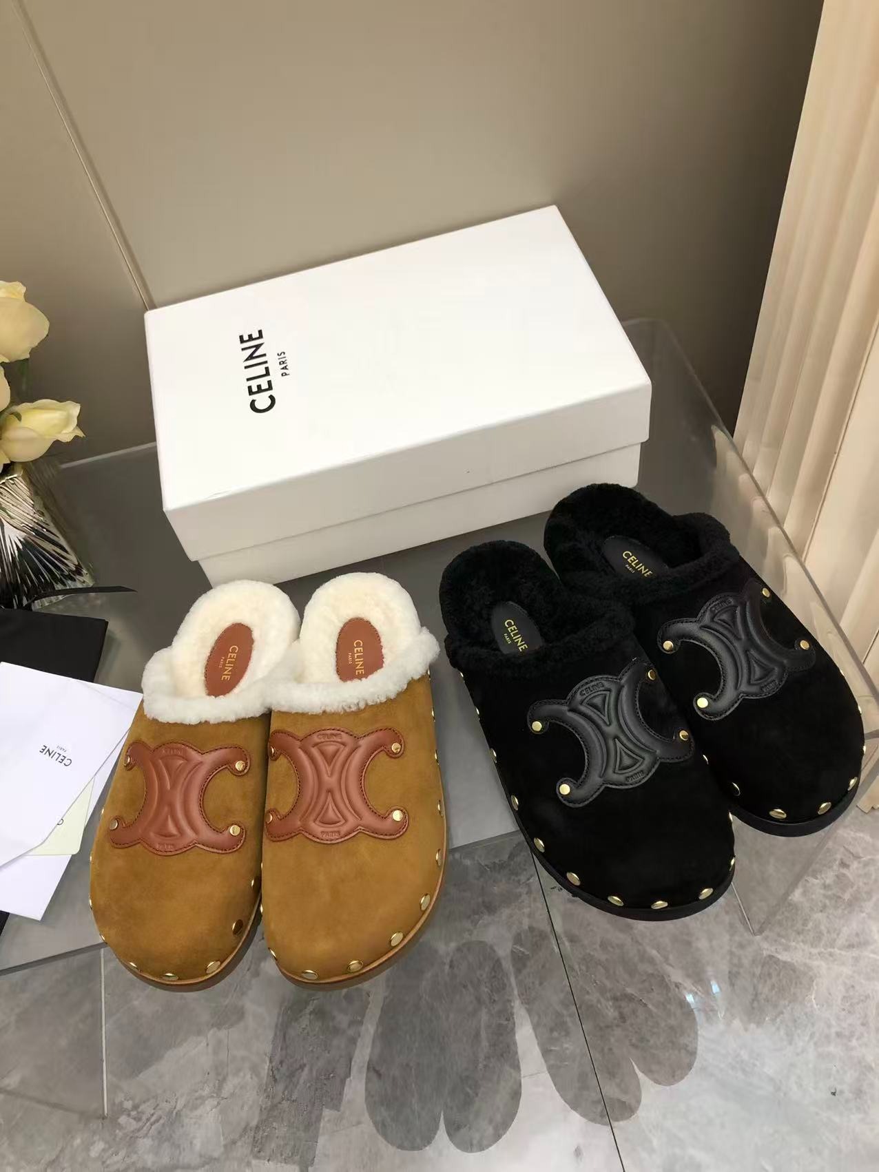 셀린느 양털 세미 슬리퍼