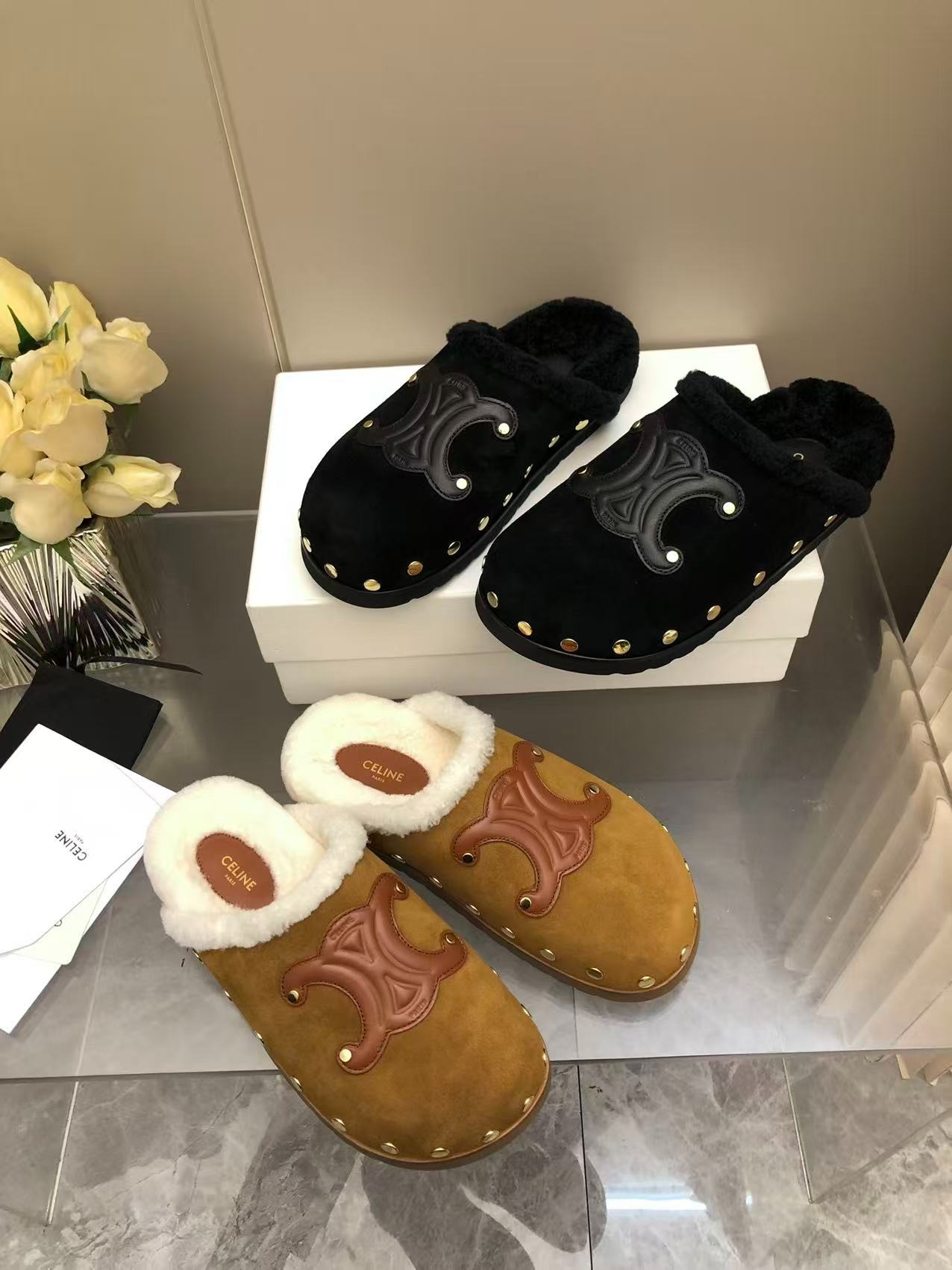 셀린느 양털 세미 슬리퍼