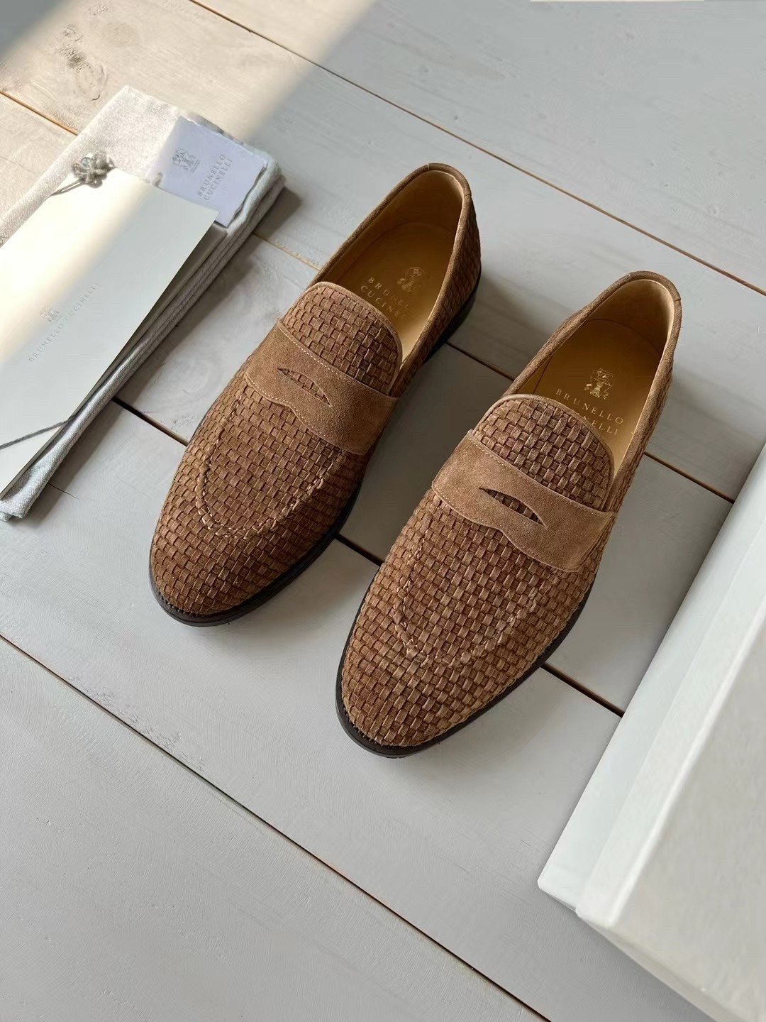 브루넬로쿠치넬리 남성 블루 스웨이드 우븐 페니 로퍼