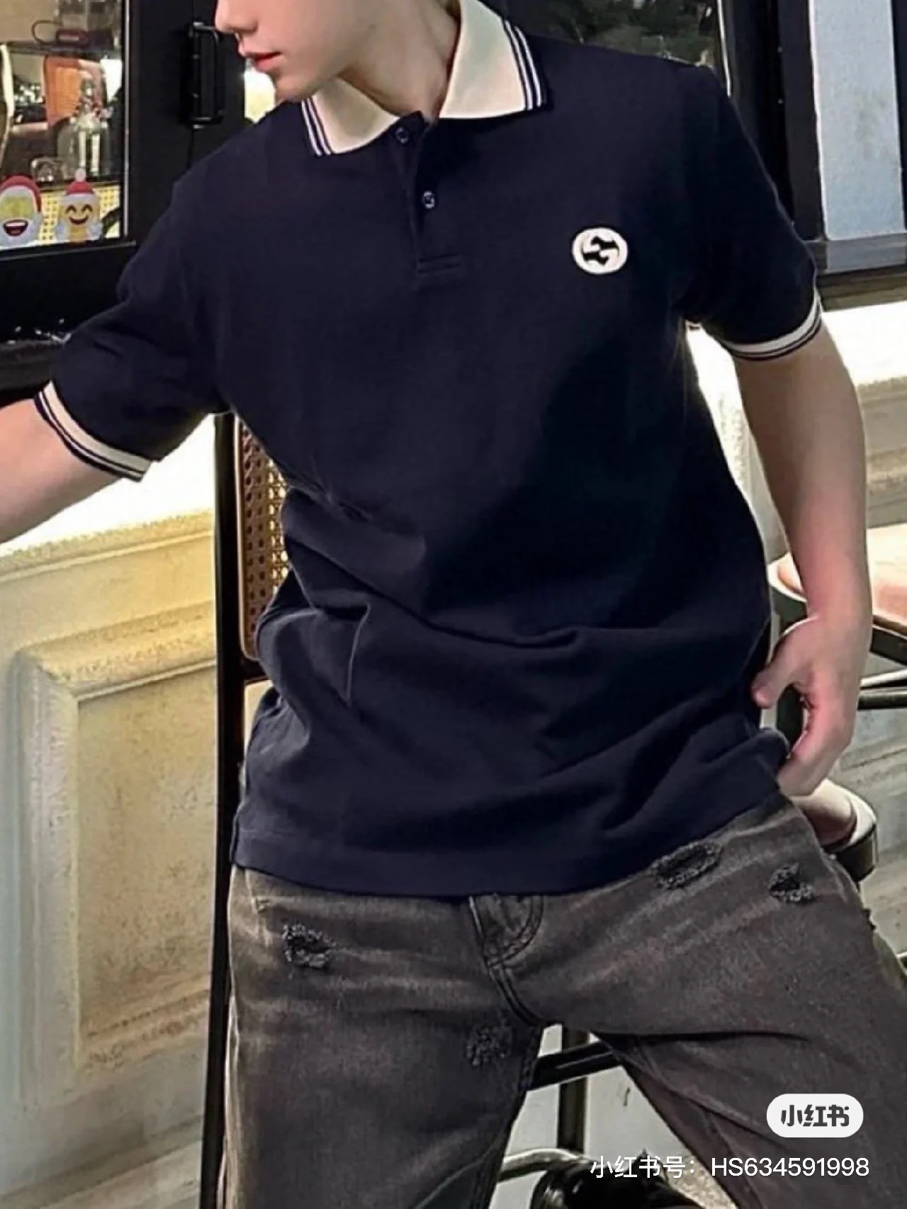 구찌 더블 G레터링 자수 카라 티셔츠