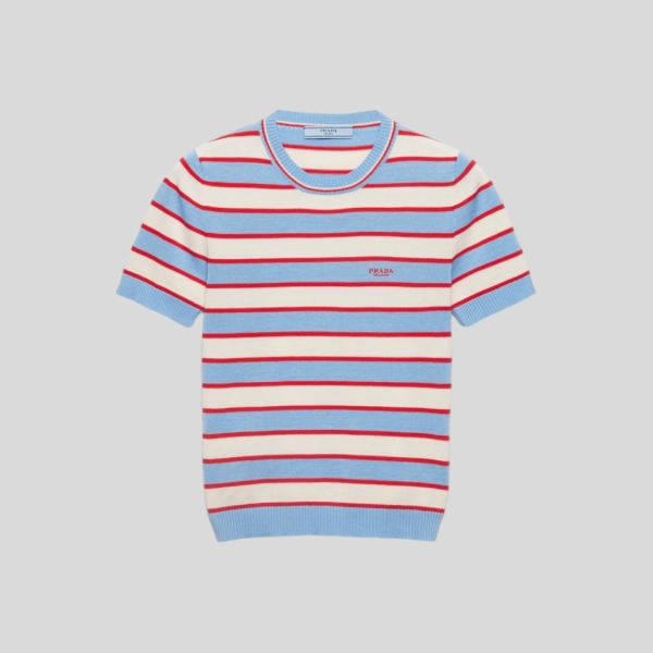 프라다 스트라이프 크루넥 코튼 스웨터