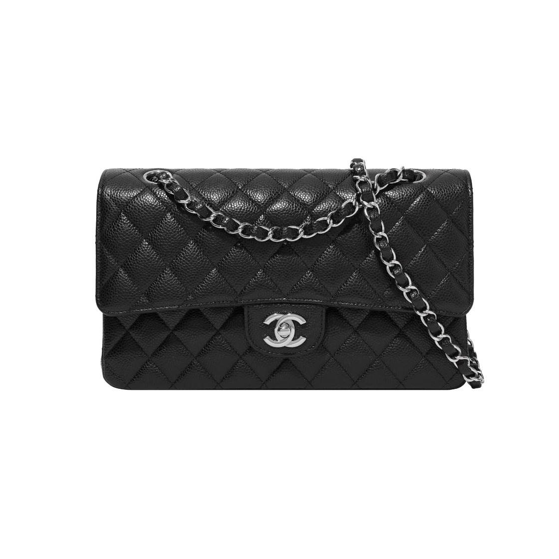 샤넬 클래식 미디움 그레인드 카프스킨 블랙 은장