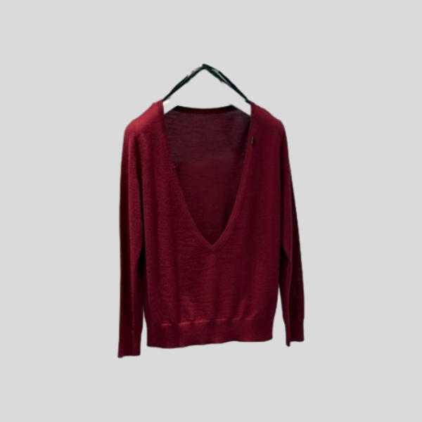 프라다 버건디 딥 V넥 니트 스웨터